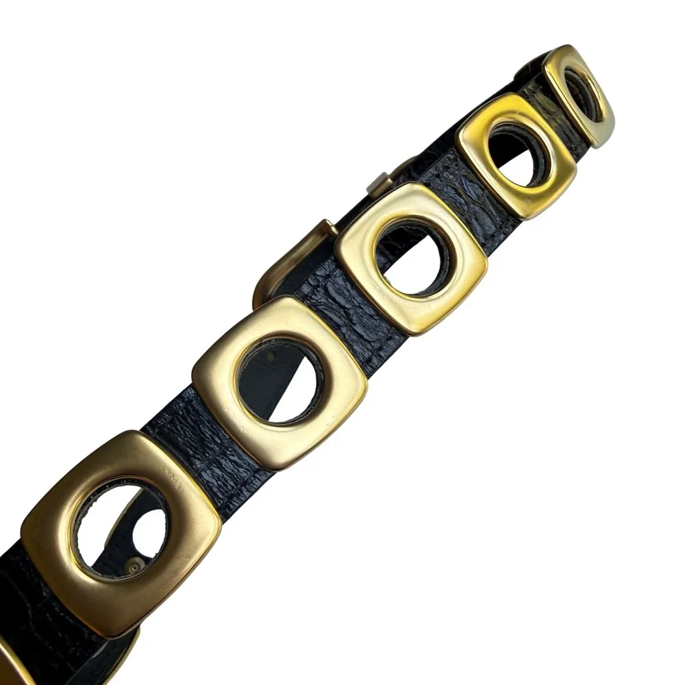 Vintage Black Croc Embossed Leather Grommet Belt Gold Tone Made in Spain XS/S